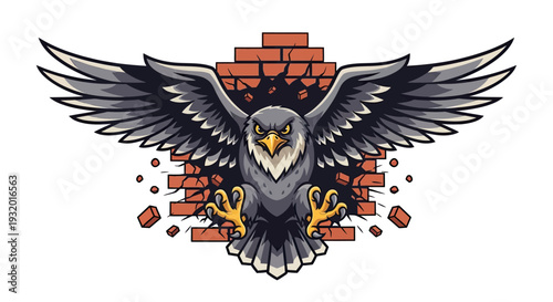 Cartoon eagle breaking through a brick wall, wings spread. Angry expression. Vector illustration