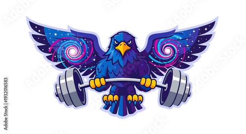 Stylized illustration of a bird of prey lifting weights. Wings depict a galaxy