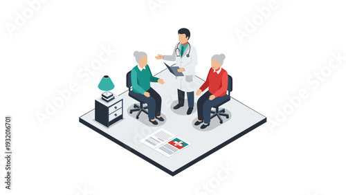 Isometric healthcare scene with doctor and elderly patients in consultation setting