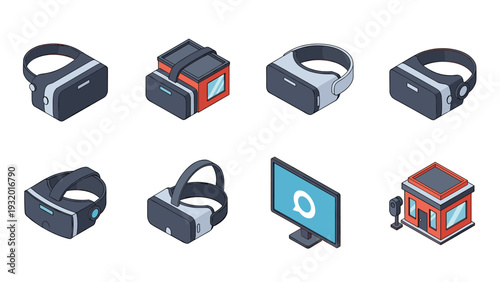 Isometric vr headsets and devices on white background for tech designs