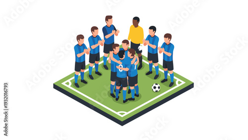 Soccer team huddle on field in isometric style