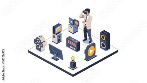 Isometric technology: person engaged in virtual reality with media devices