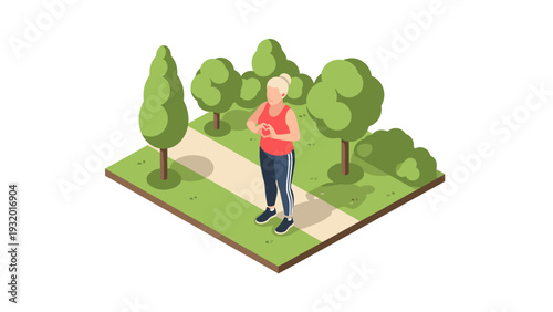 Elderly woman walking in park isometric design with greenery