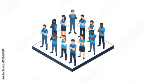 Isometric group of diverse people collaborating in teamwork on a platform