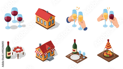 Isometric celebration and dining icons with wine, houses, and appetizers
