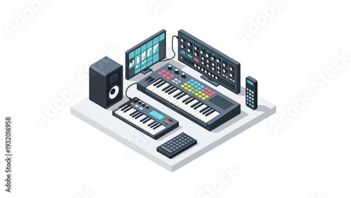 Modern music production equipment in isometric style