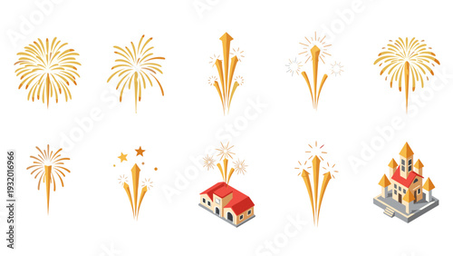 Colorful fireworks collection with isometric houses and castles