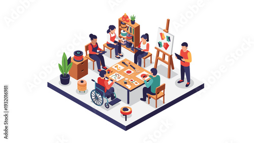 Inclusive art workshop with diverse people engaged in creative activities in an isometric setting