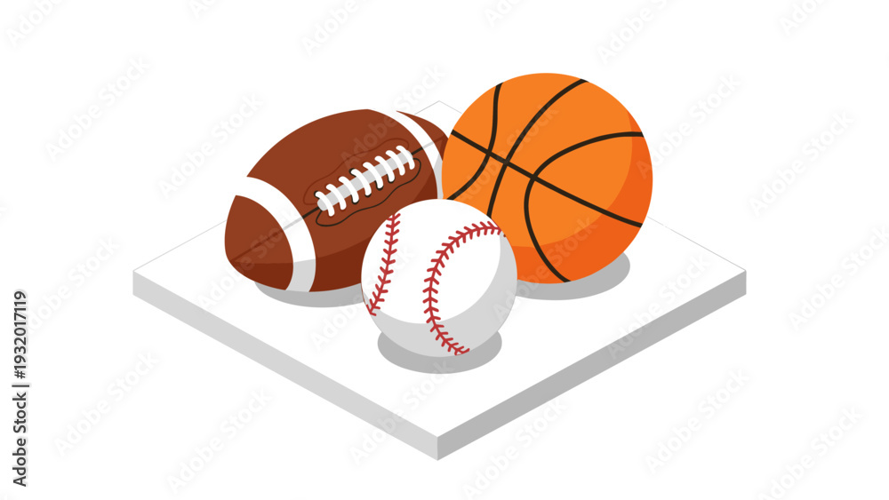 Naklejka premium Isometric sports equipment collection with football, basketball, and baseball on platform