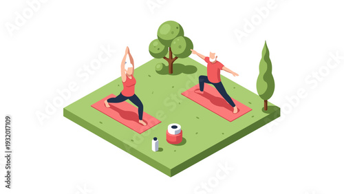 Isometric yoga in nature: elderly couple practicing outdoor yoga on mats