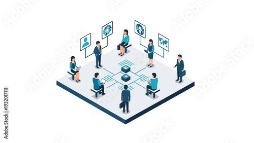 Virtual business meeting in isometric style featuring diverse team and digital collaboration