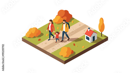Family walk in autumn park isometric design with colorful trees and pathway