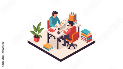 Isometric office teamwork: two professionals collaborating at a desk with laptops and books