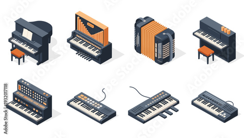 Isometric musical instruments collection: pianos, accordions, keyboards