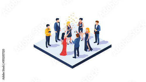 Elegant party gathering in isometric style with guests in evening attire