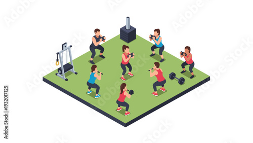 Group fitness class with dumbbells in isometric gym setting