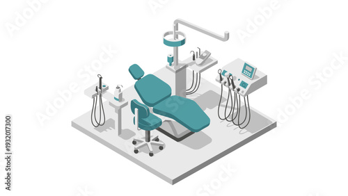 Isometric dental clinic equipment set with modern dental chair and tools