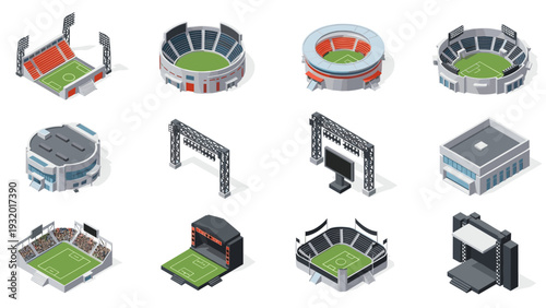 Isometric stadiums and arenas collection: colorful sports and concert venues
