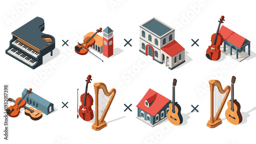 Musical instruments and architecture fusion in isometric art