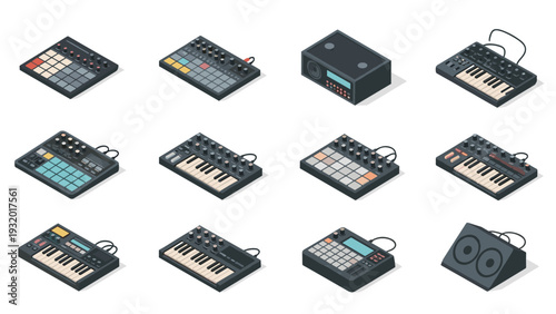 Isometric music production equipment set featuring synthesizers and drum machines