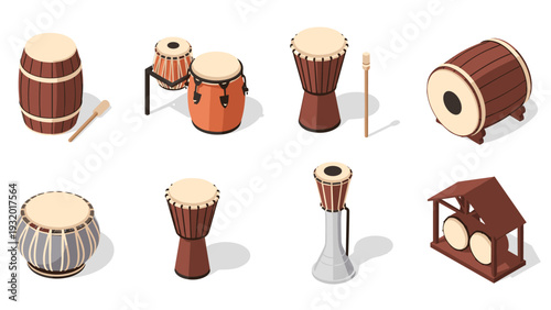 Isometric percussion instruments collection with various drums and shadow effects