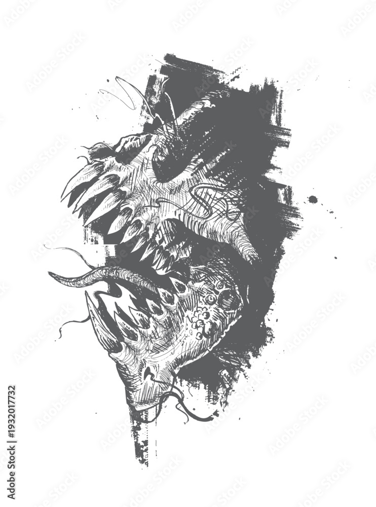 Obraz premium Dark Monster Skull Ink Sketch with Grunge Brush Stroke BackgroundHand Drawn Demonic Creature Head Horror Illustration in Black and WhiteVintage Engraving Style Evil Beast Skull Dark Fantasy Artwor