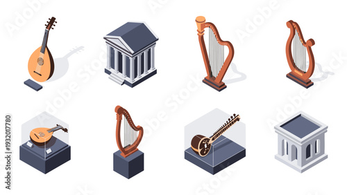 Musical instruments and architecture icons in isometric design