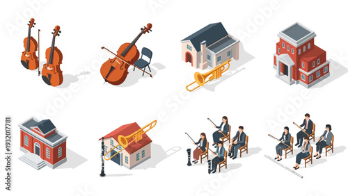 Isometric orchestral instruments and concert halls with musicians in rehearsal