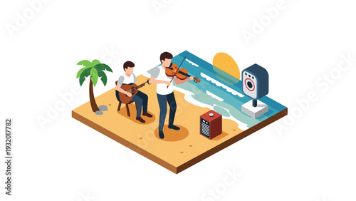 Beachside music performance in isometric style with sunset and ocean background