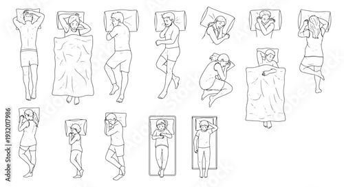 Sleeping People Top View Line Art Set, Men Women Kids Bed Pillow Blanket Sleep Poses Outline