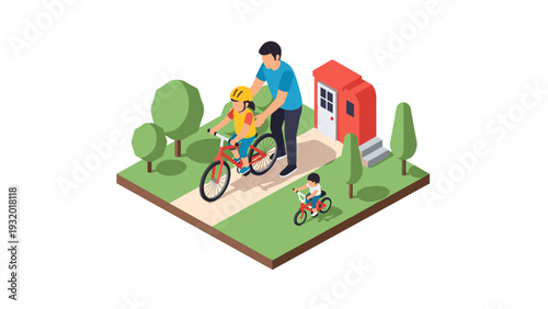 Family cycling in the park isometric design with trees and pathway