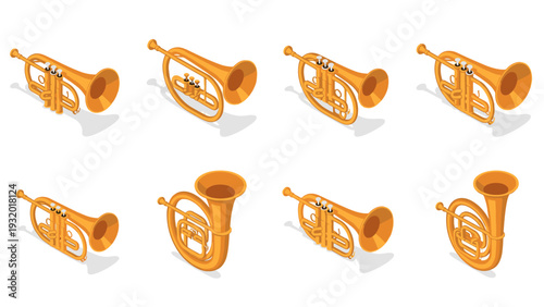 Isometric brass instrument set with trumpet and flugelhorn under various viewing angles