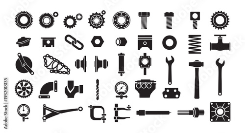 Mechanical Parts Silhouette Icon Set, Gears Bolts Nuts Tools Engine Components Black Vector Collection