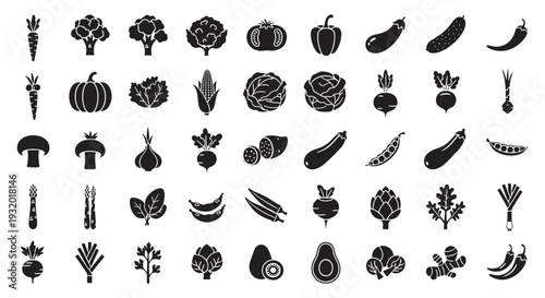 Vegetable Silhouette Icons Set, Organic Produce Farming Grocery Healthy Food Black Vector Collection Isolated