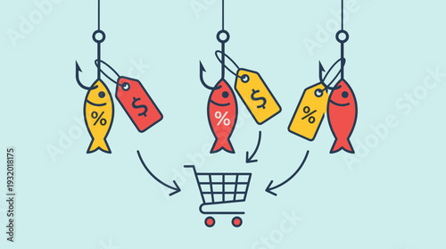 Flat Vector Illustration of Fishing Hooks with Fish Lures and Sale Price Tags as Bait for a Shopping Cart, Representing Marketing Strategies, Consumerism, Retail Discounts, and Customer Attraction.