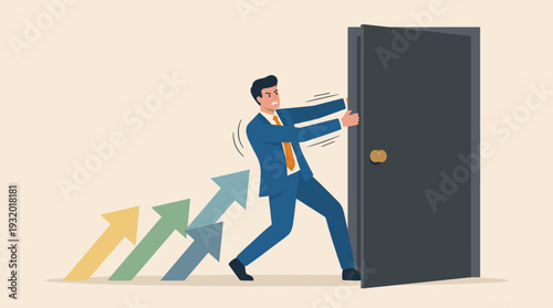 Determined businessman pushing a heavy closed door to overcome obstacles and achieve career success, with colorful upward growth arrows symbolizing progress, ambition, and professional growth.