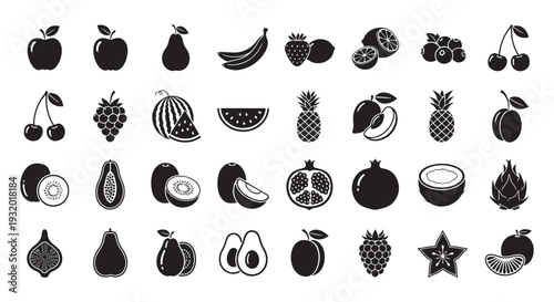 Fruit Silhouette Icons Set, Black Apple Banana Citrus Berries Tropical Produce Vector Collection Isolated