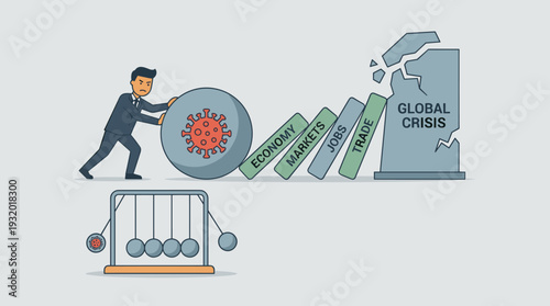 Conceptual vector illustration of a businessman pushing a coronavirus sphere, triggering a domino effect on the economy, markets, jobs, and trade, leading to a massive global financial crisis.