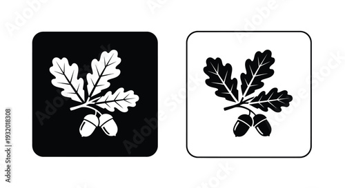 An oak branch with acorns appears in stark black outlines.