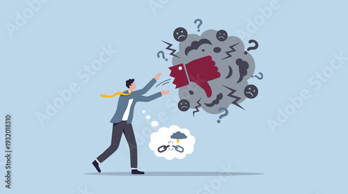 Businessman facing mental health challenges, stress, and anxiety represented by a dark cloud of negative thoughts, thumbs down, and sad faces. Concept of depression, burnout, and bad attitude.
