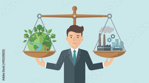 Businessman Balancing Nature and Industry on a Scale, Concept of Environmental Conservation, Ecology System, Sustainable Development, Green Energy vs Industrial Pollution, Flat Vector Illustration