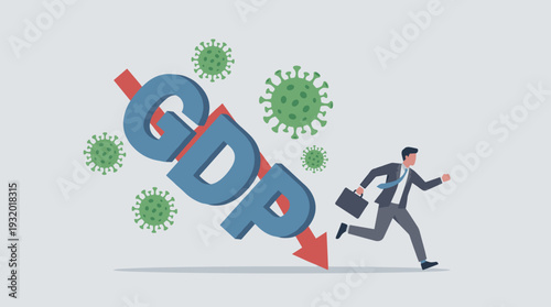 Economic Recession Concept with Businessman Escaping from Falling GDP Letters and Red Arrow During Coronavirus Pandemic, Illustrating Financial Crisis, Market Crash, and Global Instability.