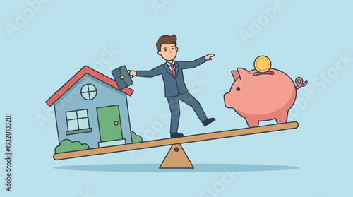 Businessman Balancing on a Seesaw Between a House and a Piggy Bank, Representing Financial Stability, Real Estate Investment, Mortgage Planning, Savings Goals, and Economic Balance Flat Design.