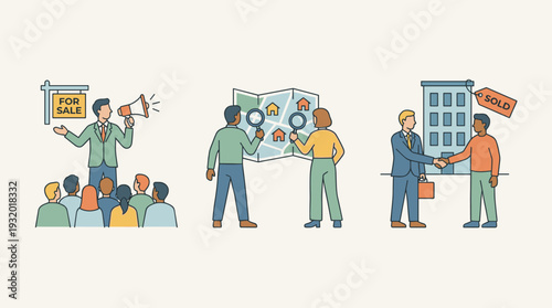 Real estate agent announcing home for sale to crowd, potential buyers searching map for houses with magnifying glasses, and closing deal with handshake in front of sold apartment building.