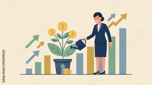 Businesswoman watering a money tree plant with dollar coins, representing financial growth, investment strategy, capital gain, and increasing profit in a successful business environment concept.