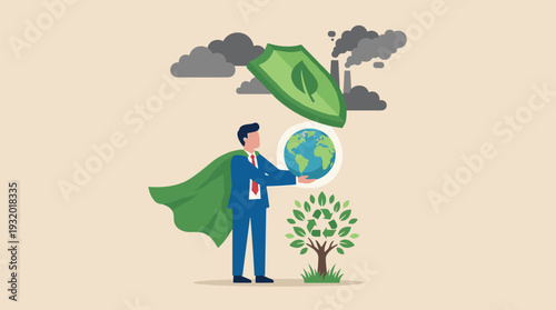 Businessman as a green superhero protecting the earth globe with a shield from industrial pollution and smoke, environmental conservation, sustainability, and corporate social responsibility.