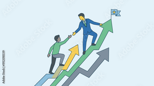 Business Leadership and Teamwork Concept with a Manager Helping a Colleague Climb Upward Growth Arrows to Reach a Goal Flag, Professional Mentorship, Career Success, and Corporate Development.