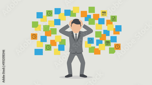 Stressed Businessman or Office Worker Overwhelmed by Workload and Many Colorful Sticky Notes Reminders for Deadlines and Tasks, Flat Vector Illustration Concept of Burnout and Time Management
