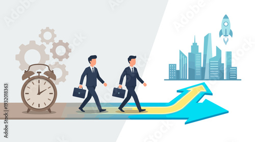 Businessmen walking from past to future concept with alarm clock and gears transitioning into a modern city skyline and launching rocket on a glowing arrow path for career growth and innovation.