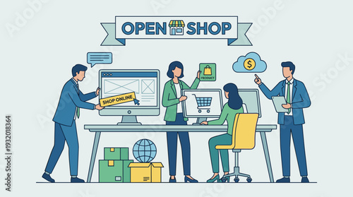 Professional Business Team Collaborating to Launch an Online Shop and E-commerce Store, Building a Website for Selling Products Digitally, Creating a New Internet Retail Marketplace Startup.